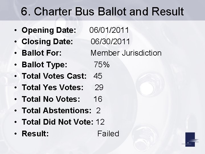6. Charter Bus Ballot and Result • • • Opening Date: 06/01/2011 Closing Date:
