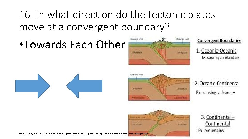 16. In what direction do the tectonic plates move at a convergent boundary? •