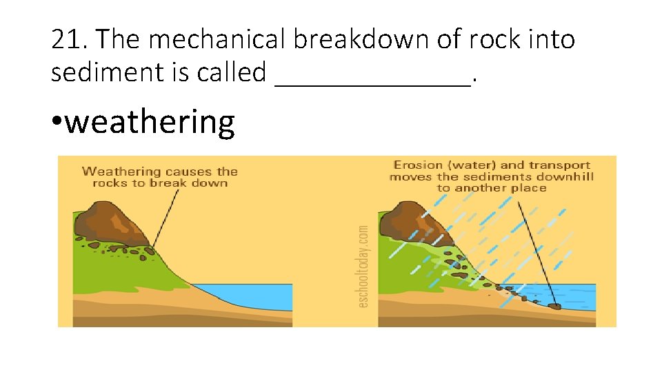 21. The mechanical breakdown of rock into sediment is called _______. • weathering 