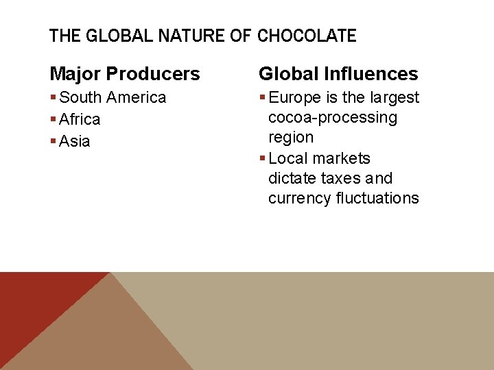 THE GLOBAL NATURE OF CHOCOLATE Major Producers Global Influences § South America § Africa