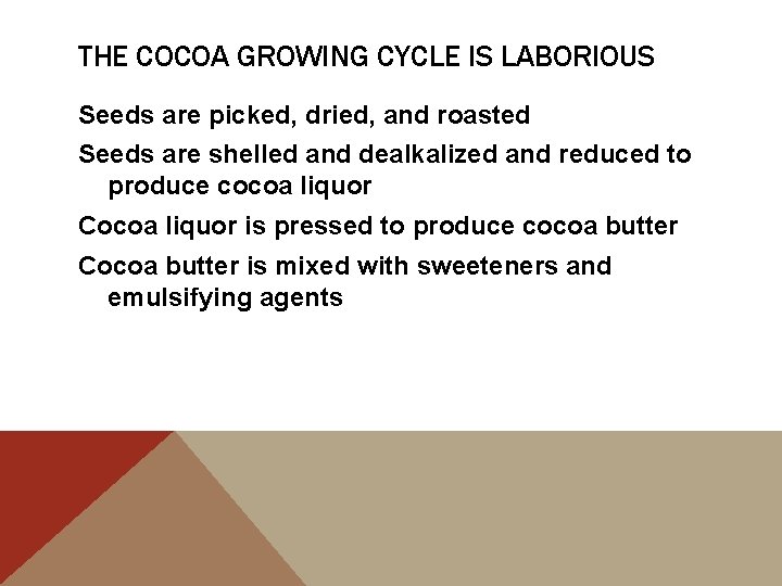 THE COCOA GROWING CYCLE IS LABORIOUS Seeds are picked, dried, and roasted Seeds are