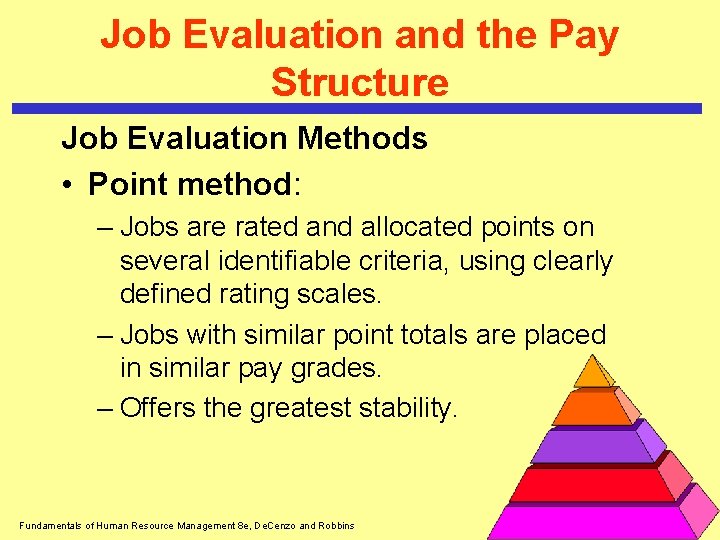 Job Evaluation and the Pay Structure Job Evaluation Methods • Point method: – Jobs