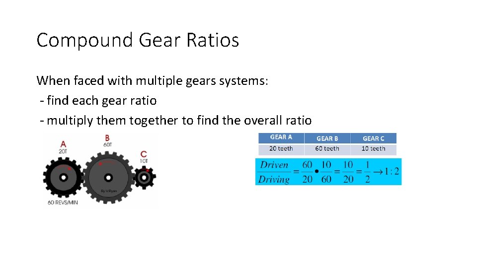 Compound Gear Ratios When faced with multiple gears systems: - find each gear ratio Compound Gear Ratios When faced with multiple gears systems: - find each gear ratio
