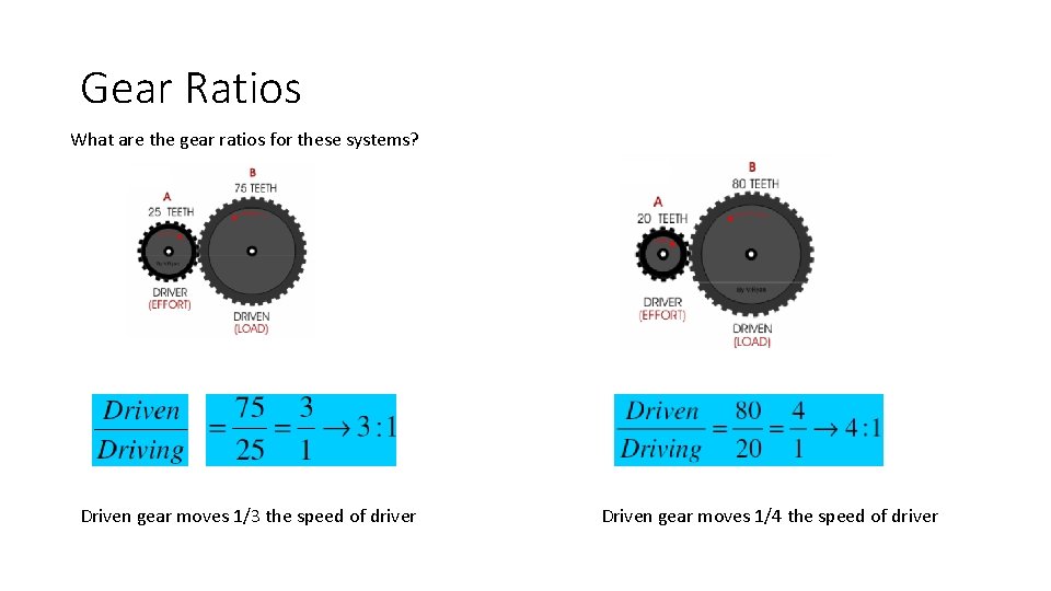 Gear Ratios What are the gear ratios for these systems? Driven gear moves 1/3 Gear Ratios What are the gear ratios for these systems? Driven gear moves 1/3