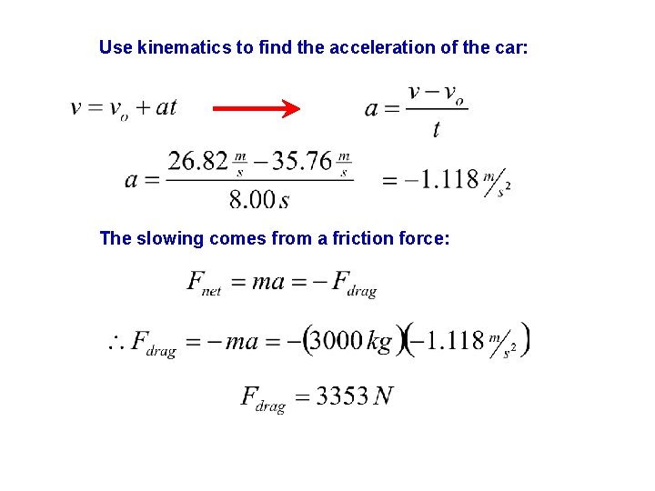 Use kinematics to find the acceleration of the car: The slowing comes from a