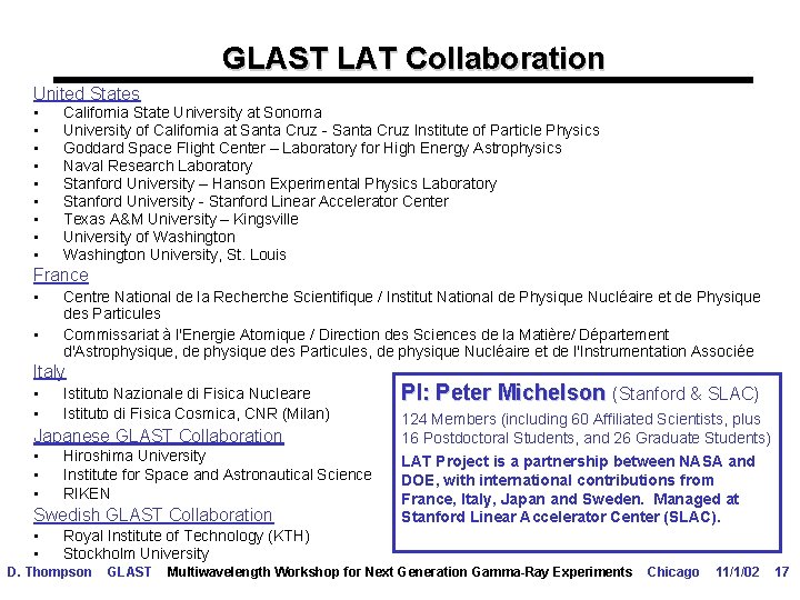 GLAST LAT Collaboration United States • • • California State University at Sonoma University
