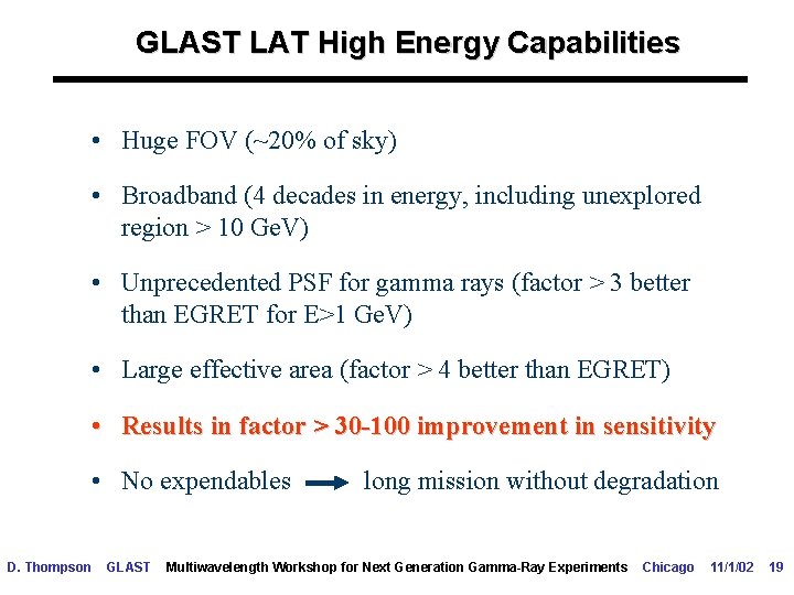 GLAST LAT High Energy Capabilities • Huge FOV (~20% of sky) • Broadband (4