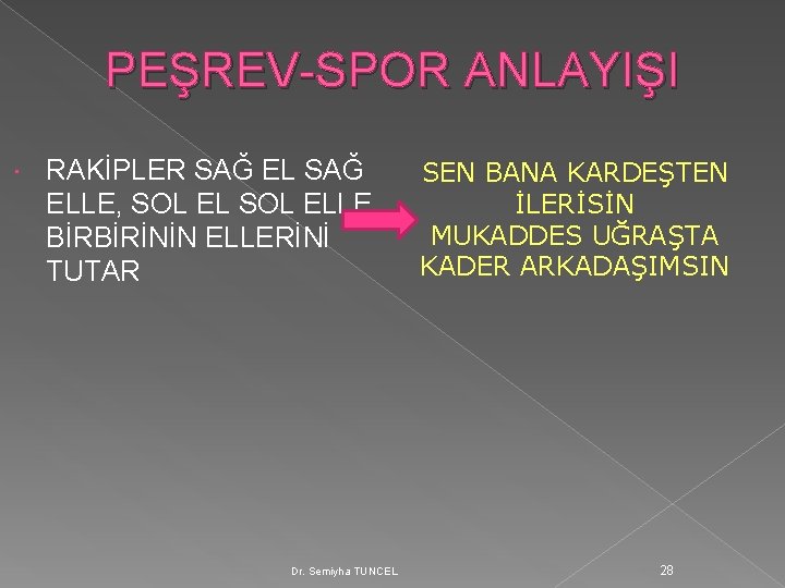 PEŞREV-SPOR ANLAYIŞI RAKİPLER SAĞ ELLE, SOL ELLE BİRBİRİNİN ELLERİNİ TUTAR Dr. Semiyha TUNCEL SEN