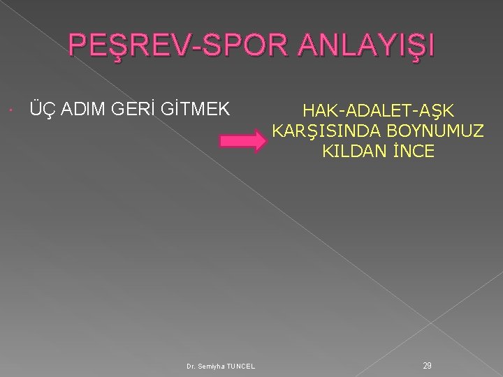 PEŞREV-SPOR ANLAYIŞI ÜÇ ADIM GERİ GİTMEK Dr. Semiyha TUNCEL HAK-ADALET-AŞK KARŞISINDA BOYNUMUZ KILDAN İNCE