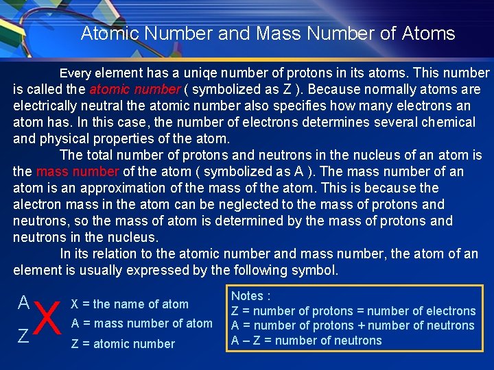 Atomic Number and Mass Number of Atoms Every element has a uniqe number of Atomic Number and Mass Number of Atoms Every element has a uniqe number of
