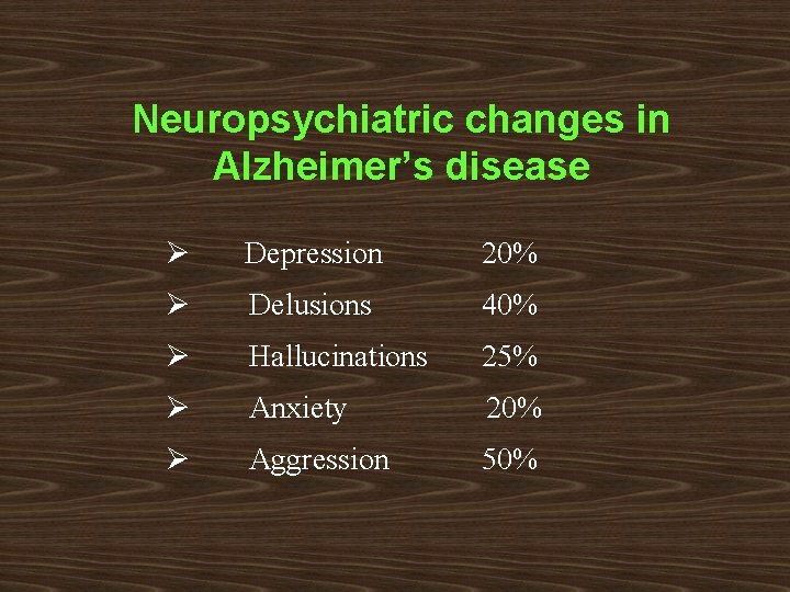 Neuropsychiatric changes in Alzheimer’s disease Ø Depression 20% Ø Delusions 40% Ø Hallucinations 25%