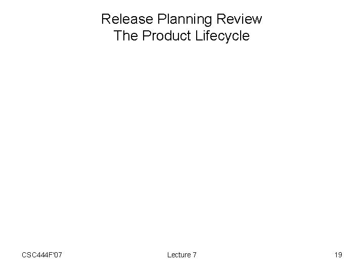 Release Planning Review The Product Lifecycle CSC 444 F'07 Lecture 7 19 