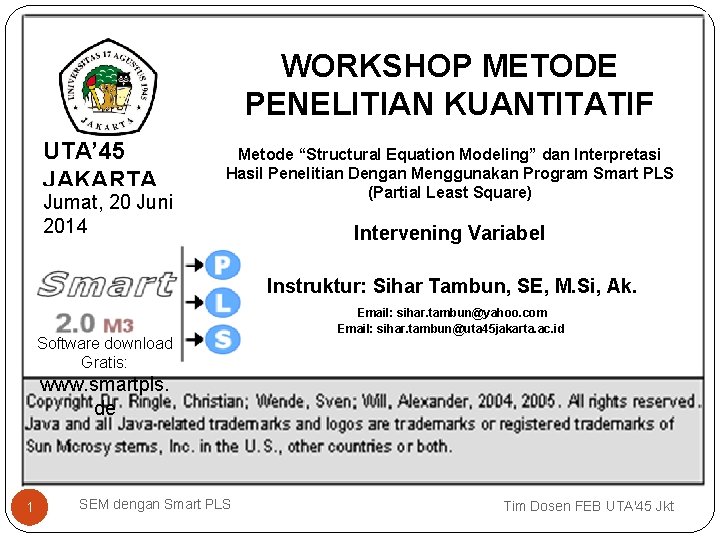 WORKSHOP METODE PENELITIAN KUANTITATIF UTA’ 45 JAKARTA Jumat, 20 Juni 2014 Metode “Structural Equation