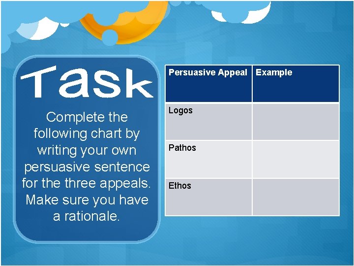 Persuasive Appeal Example Complete the following chart by writing your own persuasive sentence for