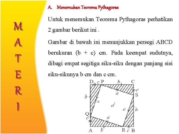 A. Menemukan Teorema Pythagoras M A T E R I Untuk menemukan Teorema Pythagoras A. Menemukan Teorema Pythagoras M A T E R I Untuk menemukan Teorema Pythagoras