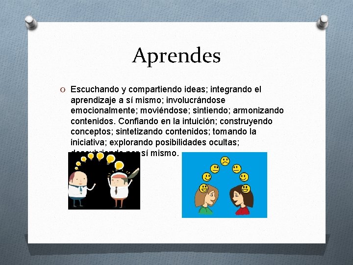 Aprendes O Escuchando y compartiendo ideas; integrando el aprendizaje a sí mismo; involucrándose emocionalmente;