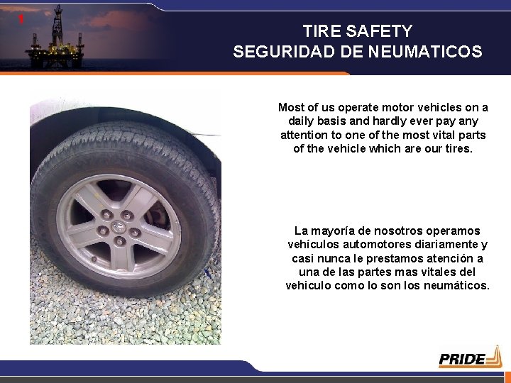 1 TIRE SAFETY SEGURIDAD DE NEUMATICOS Most of us operate motor vehicles on a