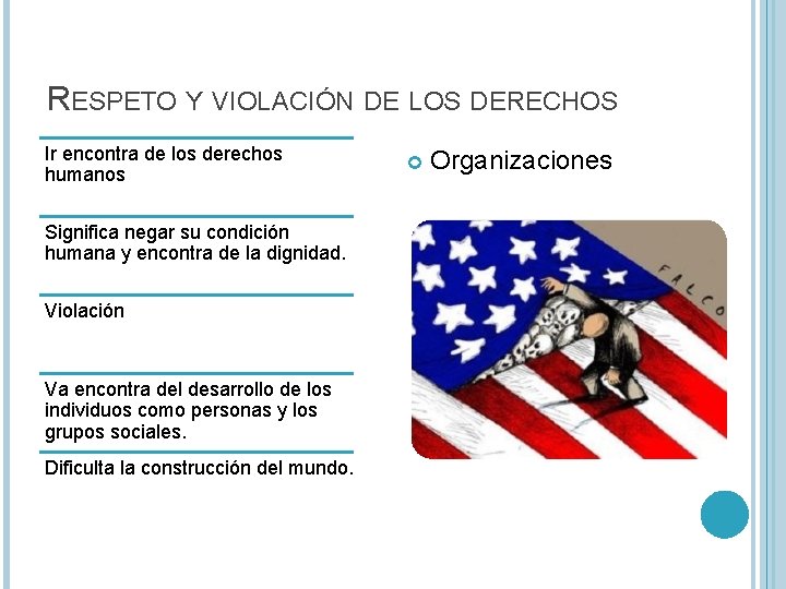 RESPETO Y VIOLACIÓN DE LOS DERECHOS Ir encontra de los derechos humanos Significa negar RESPETO Y VIOLACIÓN DE LOS DERECHOS Ir encontra de los derechos humanos Significa negar