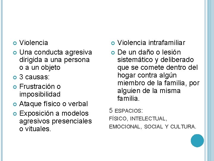 Violencia Una conducta agresiva dirigida a una persona o a un objeto 3 causas: Violencia Una conducta agresiva dirigida a una persona o a un objeto 3 causas: