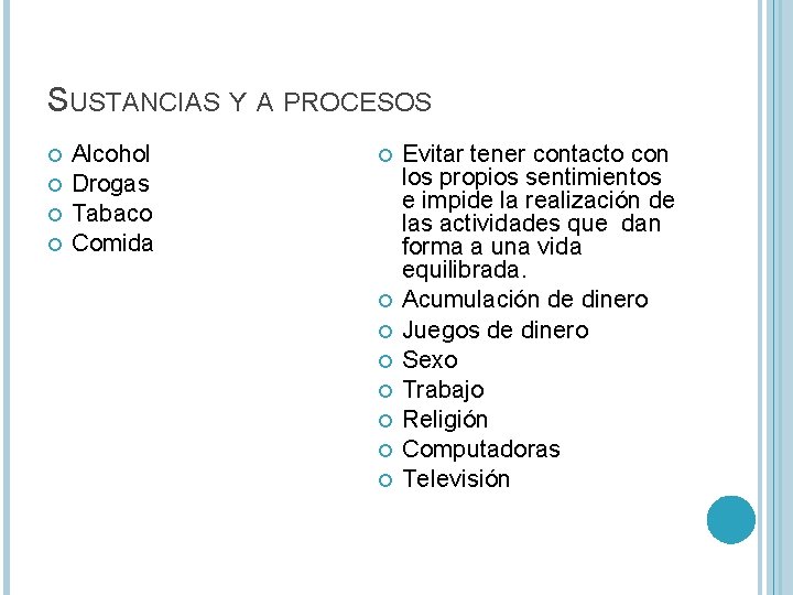 SUSTANCIAS Y A PROCESOS Alcohol Drogas Tabaco Comida Evitar tener contacto con los propios SUSTANCIAS Y A PROCESOS Alcohol Drogas Tabaco Comida Evitar tener contacto con los propios