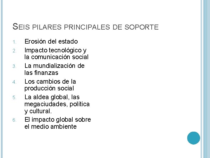 SEIS PILARES PRINCIPALES DE SOPORTE 1. 2. 3. 4. 5. 6. Erosión del estado SEIS PILARES PRINCIPALES DE SOPORTE 1. 2. 3. 4. 5. 6. Erosión del estado