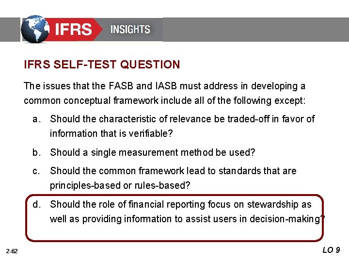 IFRS SELF-TEST QUESTION The issues that the FASB and IASB must address in developing