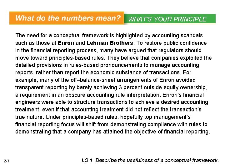 WHAT’S YOUR PRINCIPLE The need for a conceptual framework is highlighted by accounting scandals