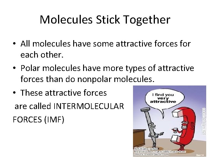 Molecules Stick Together • All molecules have some attractive forces for each other. •