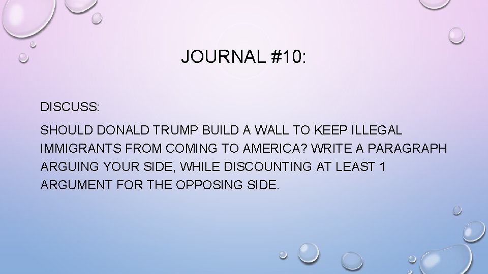 JOURNAL #10: DISCUSS: SHOULD DONALD TRUMP BUILD A WALL TO KEEP ILLEGAL IMMIGRANTS FROM