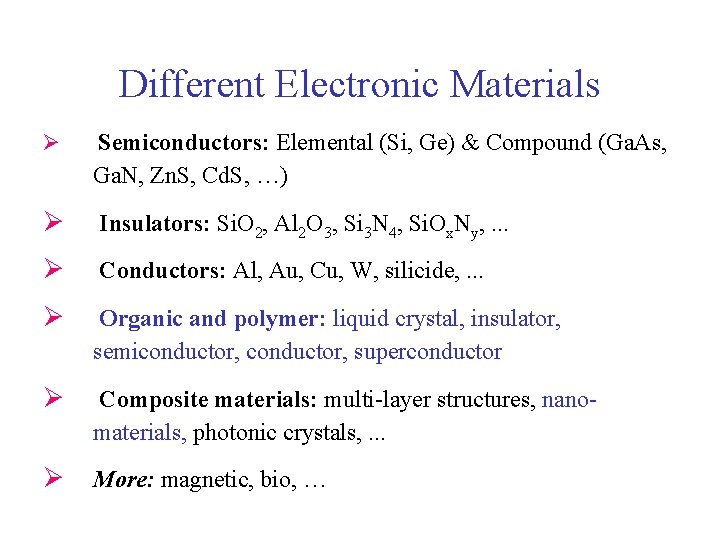 Different Electronic Materials Ø Semiconductors: Elemental (Si, Ge) & Compound (Ga. As, Ga. N,