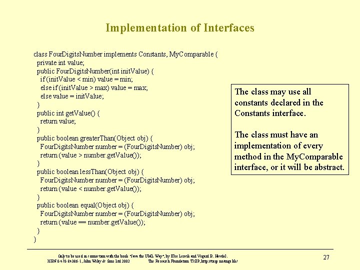 Implementation of Interfaces class Four. Digits. Number implements Constants, My. Comparable { private int