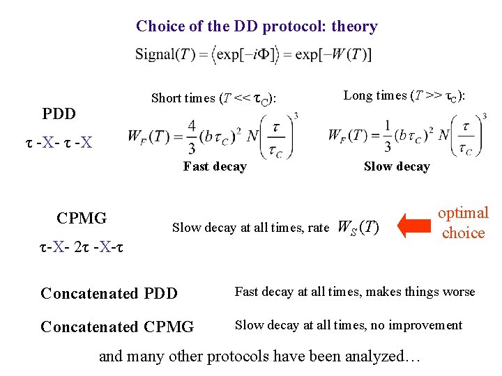 Choice of the DD protocol: theory Short times (T << τC): PDD Long times