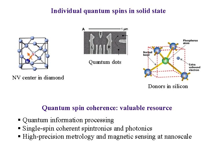 Individual quantum spins in solid state Quantum dots NV center in diamond Donors in