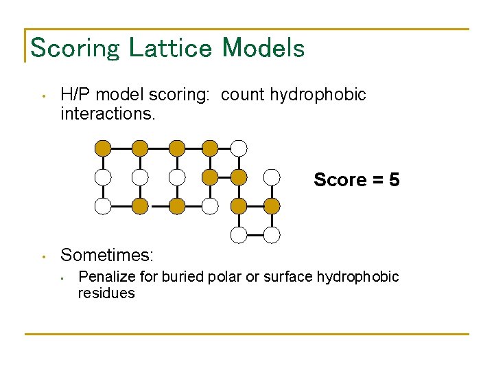 Scoring Lattice Models • H/P model scoring: count hydrophobic interactions. Score = 5 •