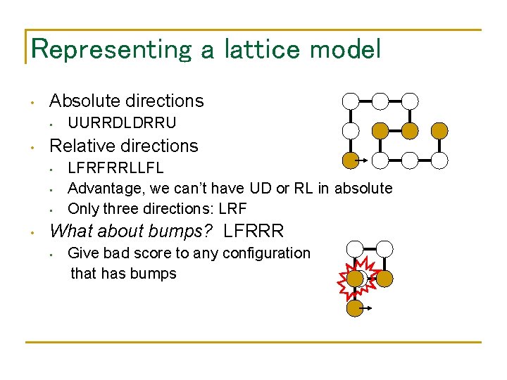 Representing a lattice model • Absolute directions • • Relative directions • • UURRDLDRRU