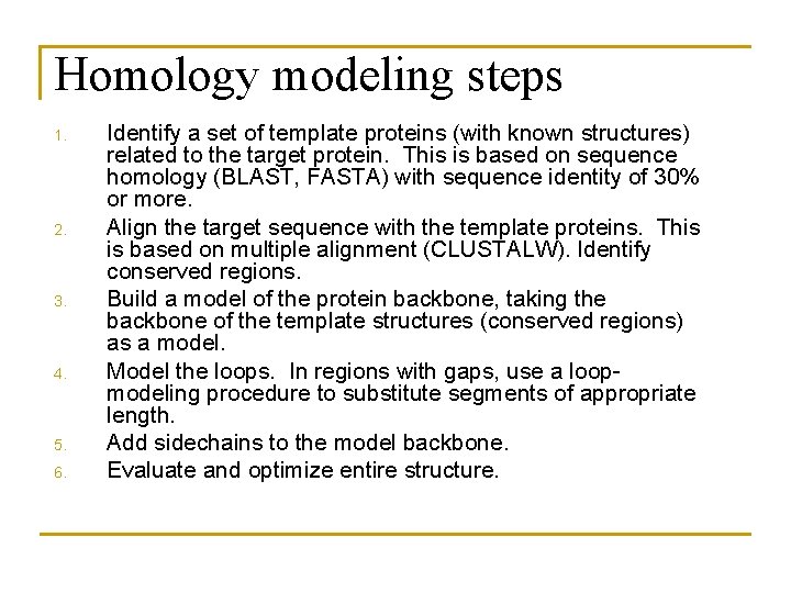 Homology modeling steps 1. 2. 3. 4. 5. 6. Identify a set of template