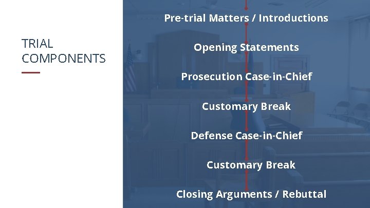 Pre-trial Matters / Introductions TRIAL COMPONENTS Opening Statements Prosecution Case-in-Chief Customary Break Defense Case-in-Chief