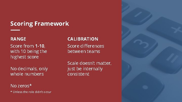 Scoring Framework RANGE CALIBRATION Score from 1 -10, with 10 being the highest score