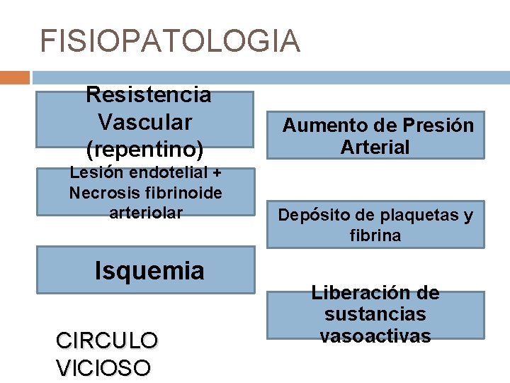 FISIOPATOLOGIA Resistencia Vascular (repentino) Lesión endotelial + Necrosis fibrinoide arteriolar Isquemia CIRCULO VICIOSO Aumento