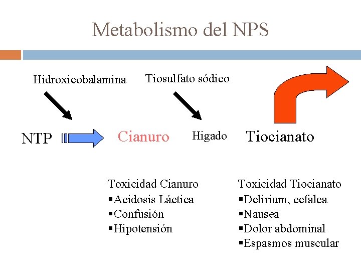 Metabolismo del NPS Hidroxicobalamina NTP Tiosulfato sódico Cianuro Higado Toxicidad Cianuro §Acidosis Láctica §Confusión