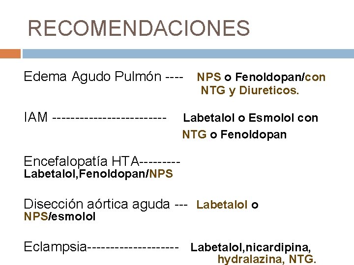 RECOMENDACIONES Edema Agudo Pulmón ---- NPS o Fenoldopan/con NTG y Diureticos. IAM ------------- Labetalol
