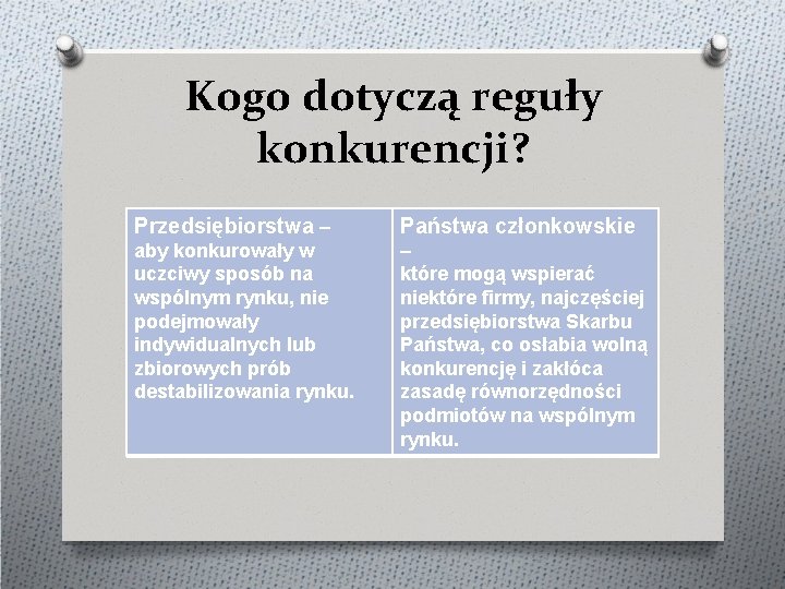 Kogo dotyczą reguły konkurencji? Przedsiębiorstwa – Państwa członkowskie aby konkurowały w uczciwy sposób na