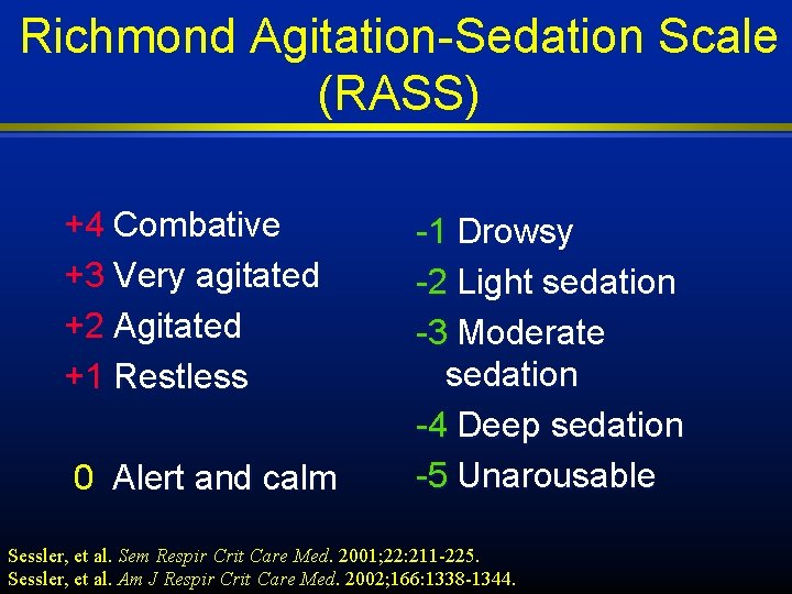 Richmond Agitation-Sedation Scale (RASS) +4 Combative +3 Very agitated +2 Agitated +1 Restless 0