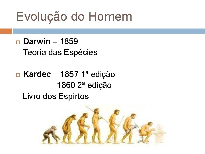 Evolução do Homem Darwin – 1859 Teoria das Espécies Kardec – 1857 1ª edição