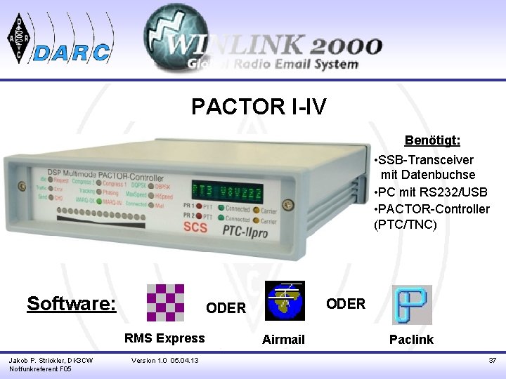 PACTOR I-IV Benötigt: • SSB-Transceiver _mit Datenbuchse • PC mit RS 232/USB • PACTOR-Controller