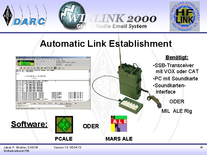 Automatic Link Establishment Benötigt: • SSB-Transceiver _mit VOX oder CAT • PC mit Soundkarte