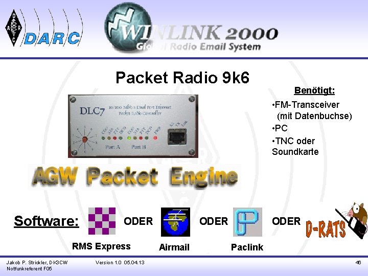 Packet Radio 9 k 6 Benötigt: • FM-Transceiver _(mit Datenbuchse) • PC • TNC