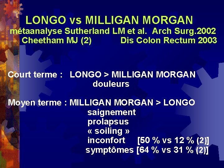  LONGO vs MILLIGAN MORGAN métaanalyse Sutherland LM et al. Arch Surg. 2002 Cheetham