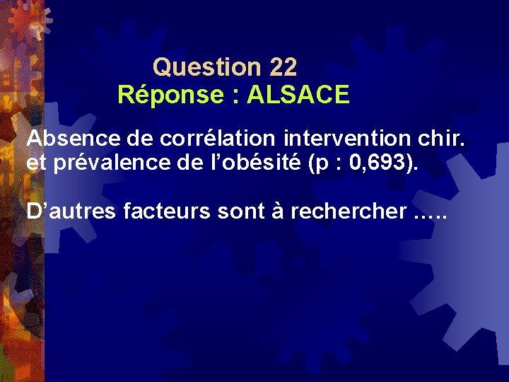  Question 22 Réponse : ALSACE Absence de corrélation intervention chir. et prévalence de