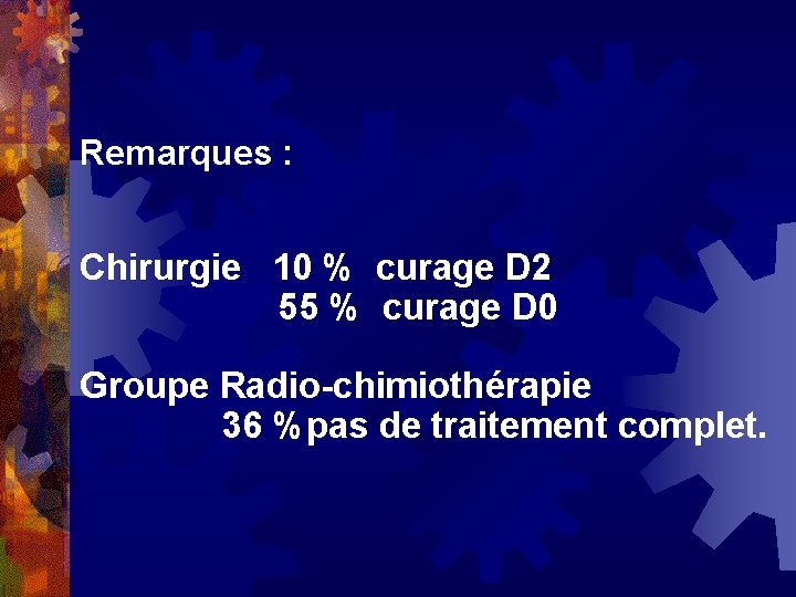 Remarques : Chirurgie 10 % curage D 2 55 % curage D 0 Groupe